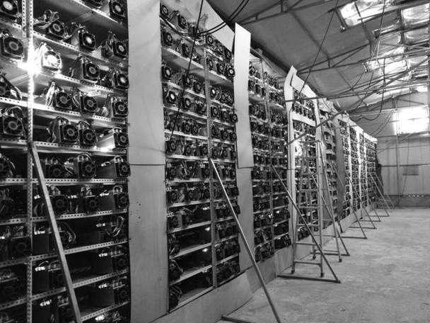 A crypto miner inspecting an ASIC miner.