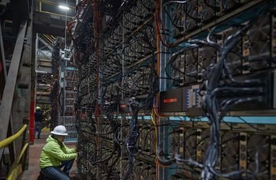 A large-scale mining farm powered by renewable energy sources, showcasing a vision of sustainable cryptocurrency mining