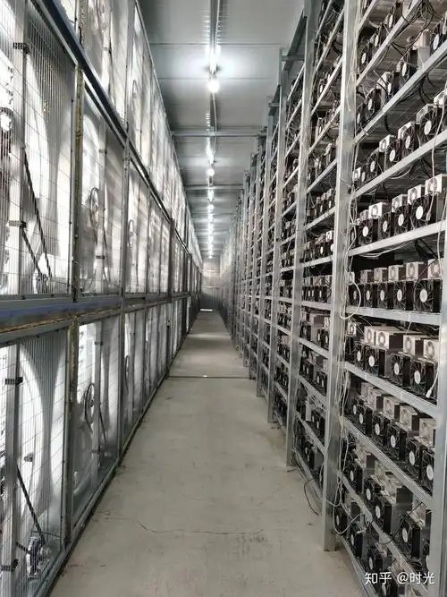 A sprawling mining farm filled with rows of high-performance mining rigs
