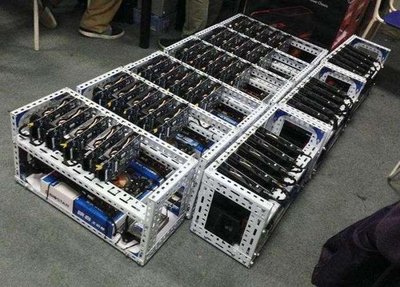 A large-scale mining farm with rows of mining machines and advanced cooling infrastructure.