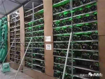 A well-organized mining farm with multiple racks of mining rigs.