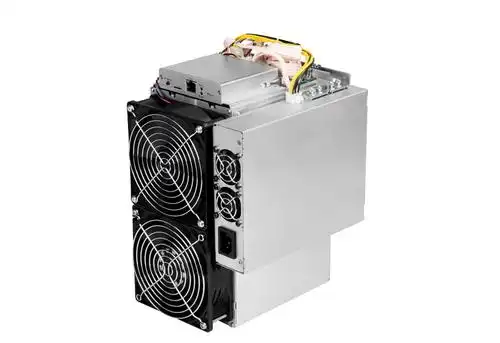 A close-up view of the interior of a modern mining rig, highlighting its cooling system and power supply.